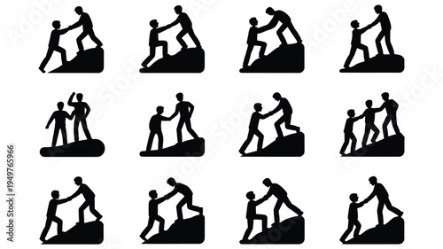 Collection of minimalist black silhouettes depicting people working together lifting objects teamwork and collaboration