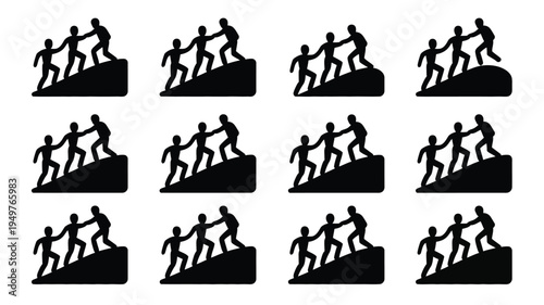 Supportive friends helping each other up a hill in silhouette teamwork and unity concept