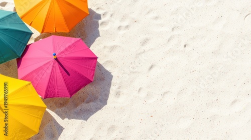 A beach-themed summer sale banner with colorful umbrellas and sand textures, copy space included,