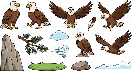 Cute Cartoon Bald Eagle Character Set with Wings Feathers Rock Vector Illustration