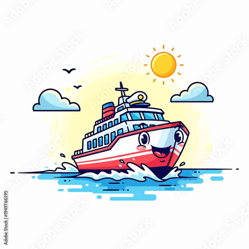 Cheerful Passenger Cruise Ship Sailing on Sea Under Sun