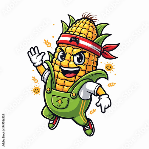 Animated corn cob character in green overalls with headband and sneakers