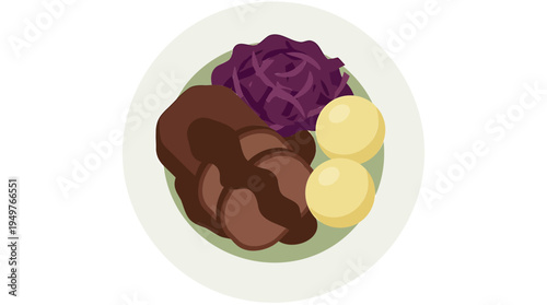 A plate of roasted meat with purple cabbage and potatoes is served on a table indoors.
