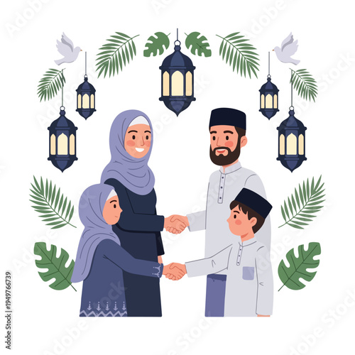 Happy Muslim family. Father, mother and child in traditional clothes. Holding hands. Lanterns and leaves around. Vector illustration for Ramadan or Eid celebration. Family love. Cultural