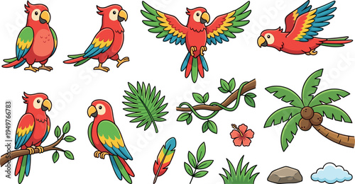 Cute Cartoon Parrot Character Set with Tropical Leaves Palm Tree Vector Illustration