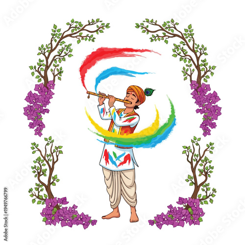 Hindu holy man playing flute. Colorful swirls around him. Traditional Indian clothing. Wearing dhoti and turban. Surrounded by purple flowers and green leaves. Vector illustration on white