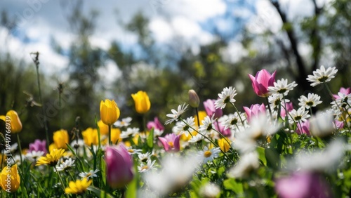 Vibrant spring wildflowers in bloom against a sunny sky.