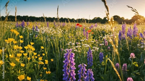 Wildflower meadow grass yellow purple white summer sunlight nature landscape blooming outdoor field flora green tranquil scenic countryside rural peaceful beauty environment growth natural blossom