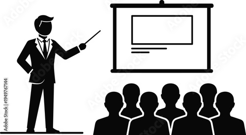 Business, presenter, giving, presentation, to, audience, using, board, corporate, training, seminar, leadership, meeting, classroom, coaching, workshop, communication, strategy, education, concept