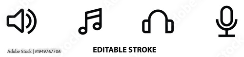 Audio and Music Line Icons Set. Volume Speaker, Music Note, Headphones and Microphone Symbols. Editable Stroke Multimedia Sound Icons for Media Player, Podcast, Recording and Streaming Vector