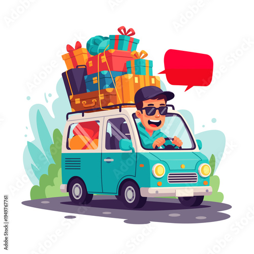 Happy Man Driving Van Loaded with Luggage and Gifts for Holiday Road Trip Illustration