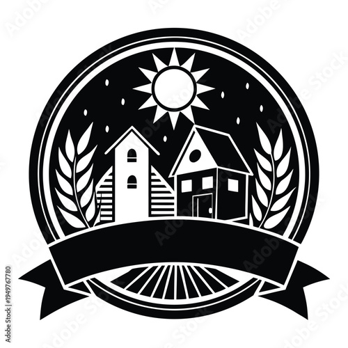 Black and white circular emblem with houses wheat sun and farmland banner