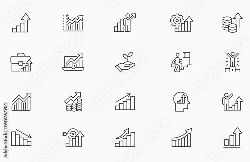 Business Growth and Financial Analytics Line Icon Set. Profit Chart, Revenue Increase, Investment, Startup Success, Strategy, Leadership and Market Growth Outline Icons Vector Collection
