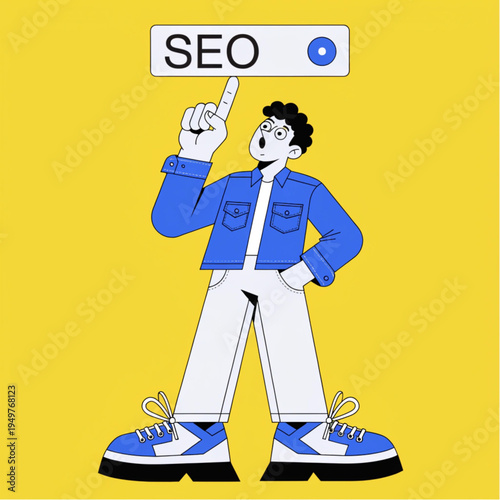 A cartoon man pointing up at SEO