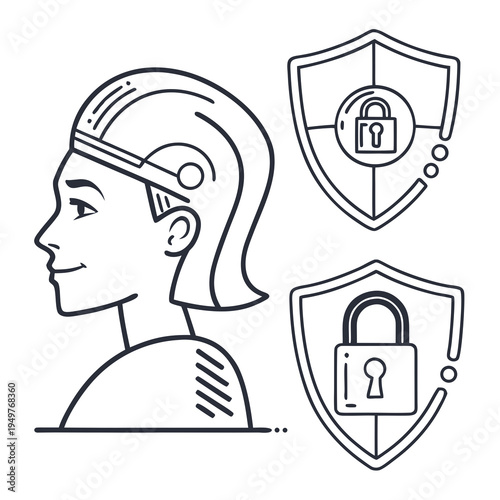 Line of woman's head with security shields and padlocks
