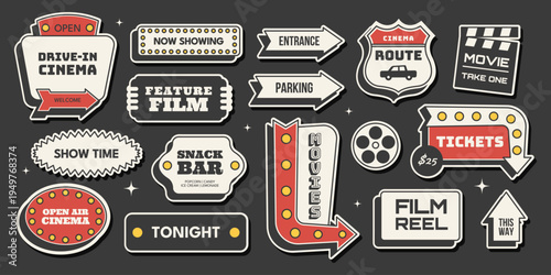 Retro cinema sticker set with drive in signs, arrows, tickets, movie, film reel in vintage 1950s Americana style. Classic vector illustration for film, entertainment