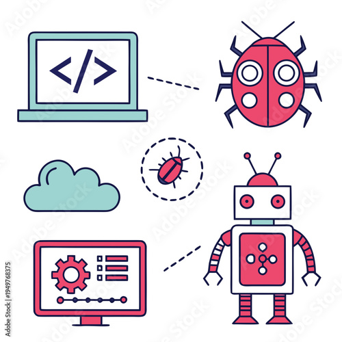 Robot and computer with bug and cloud on white coding