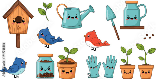 Cute Cartoon Birds, Planting Tools, and Gardening Set with Birdhouses, Watering Can, Gloves, and Seedlings for Kids' Garden Care