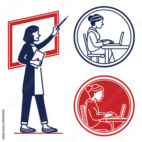 Teacher pointing to a whiteboard with students using laptops classroom