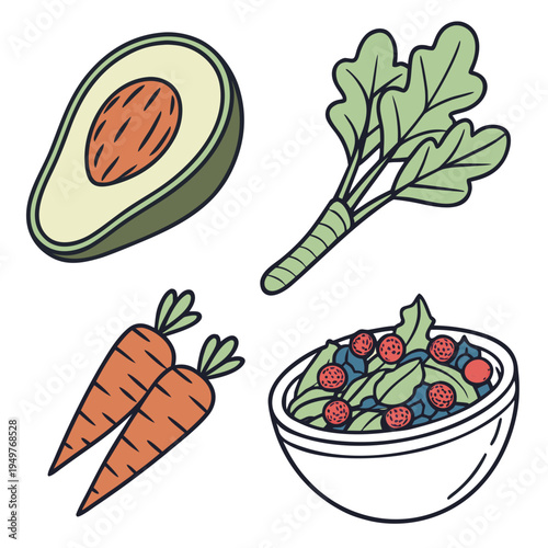 Colorful of healthy food on white background avocado arugula carrots mixed berries bowl