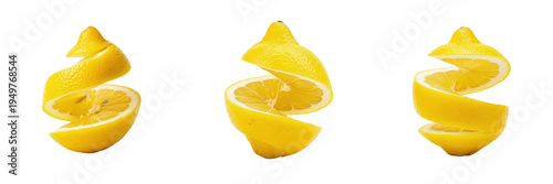 Set of fresh yellow lemon slices spiral cut and levitating isolated on transparent png background oil paint