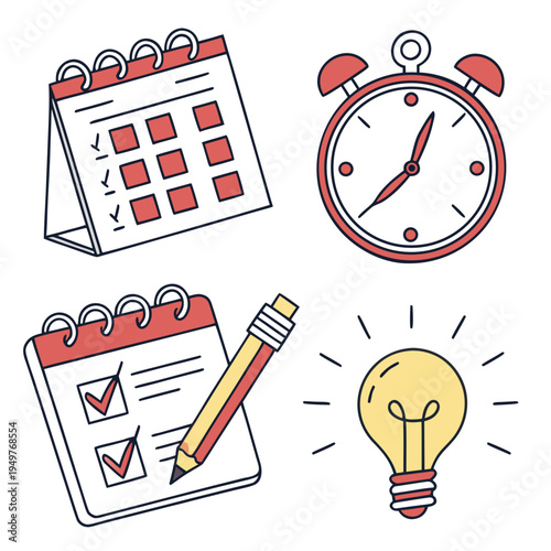 Time management and organization with calendar clock and checklist alarm clock light bulb