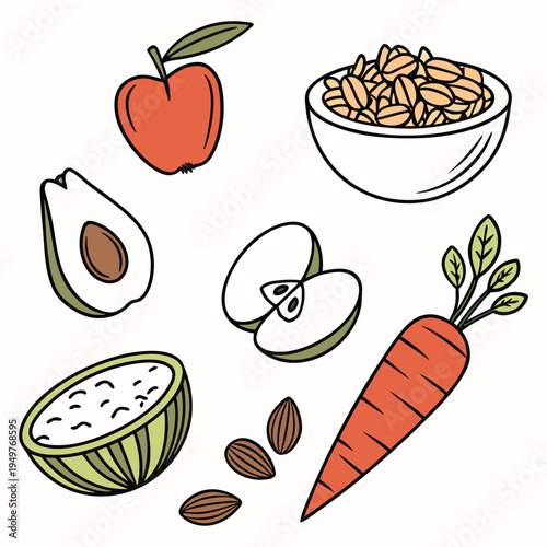 Of various healthy food on white background apple avocado carrot almonds bowl
