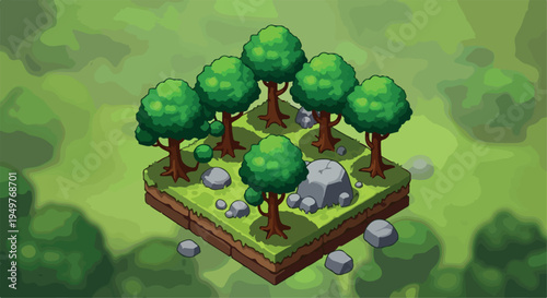 Isometric Green Forest Island with Trees and Rocks Vector Illustration