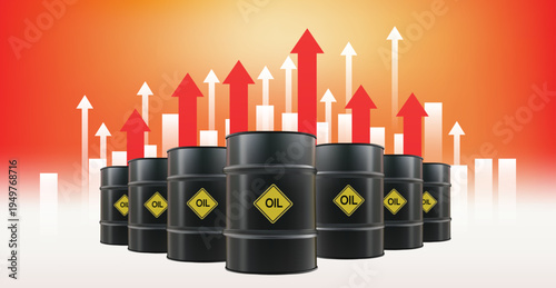 Global oil price rise with crude barrels and market growth chart