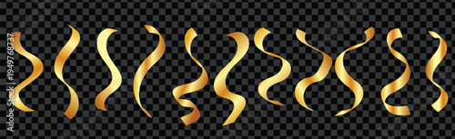 Golden ribbon streamers decoration set with curved festive ribbons for celebration party event design background