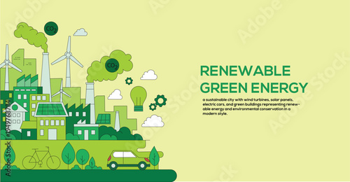 Green renewable energy city with solar panels wind turbines eco transport clean environment concept illustration