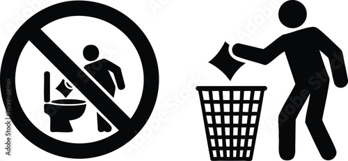 Toilet Disposal and Trash Bin Etiquette Icons, Sanitary Disposal Signage and Instruction Graphics, Restroom Maintenance and Waste Management Symbols, vector, illustration, silhouette.