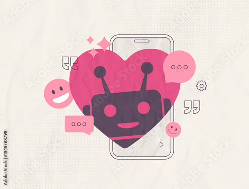 AI girlfriend romantic companion, virtual boyfriend emotional interaction, intimate digital attachment concept, AI situationship engagement trend, user virtual love simulator trendy paper collage art