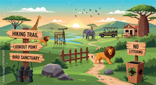 Safari Park Landscape with Animals and Directional Signs Illustration