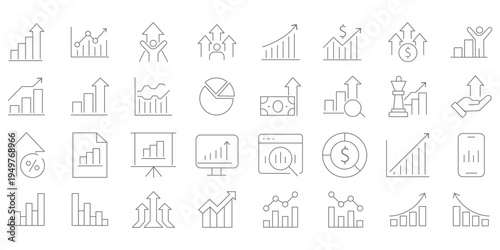 Growing bar graph icon set. Business graphs and charts icons. Statistics and analytics vector icon. Statistic and data, charts diagrams, money, down or up arrow Growth icon set. Containing arrow up