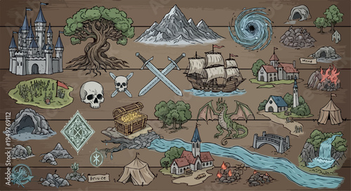 Fantasy Map Elements Hand Drawn Vector Set
