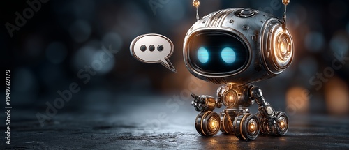 A small, rusty robot with glowing blue eyes and a speech bubble sits on a dark surface. Its metallic body shows signs of wear, giving it a charming, vintage appearance. Chatbot concept.