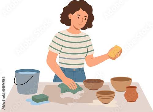 A woman is washing pottery with a sponge at a table indoors.