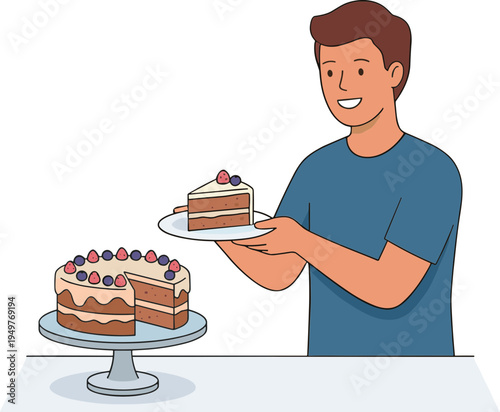 Man presents a slice of decorated cake on a plate next to a full cake on a stand