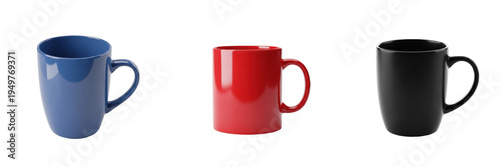 Canvas Print Set of colorful ceramic coffee mugs blue red and black cups isolated on transpar