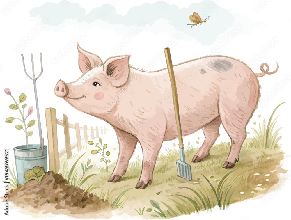 Fototapeta premium Watercolor Pig Painting, Farm Animal vector illustration isolated on white background