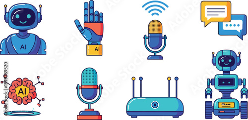 Artificial Intelligence and Voice Assistant Icon Collection Featuring AI Robot, Robotic Hand, Microphone Podcast, Chat Messages, Wireless Router and Smart Bot