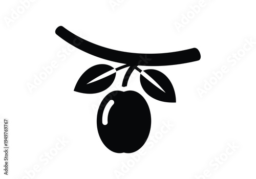Black silhouette of plum fruit on branch with leaves on white background for harvest