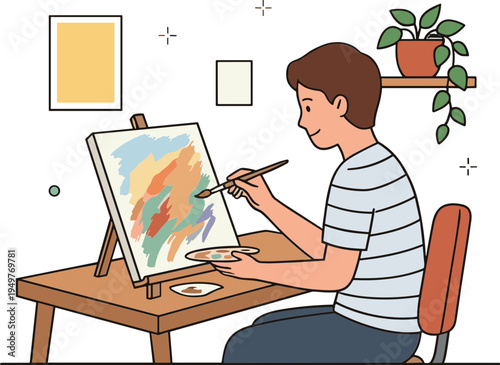 A man paints a vibrant abstract artwork on an easel in a cozy room.