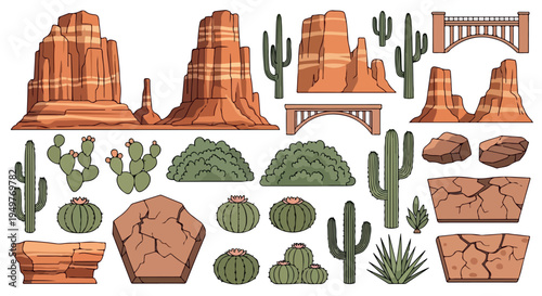 Desert Landscape Elements Vector Set with Canyons, Cacti, Rocks, and Arches