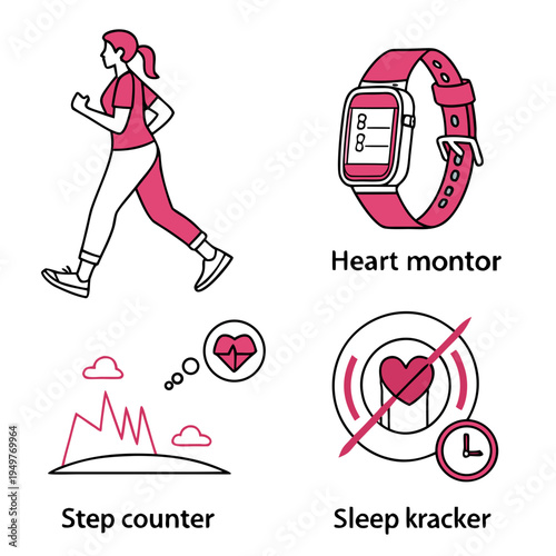 Pink and white smartwatch and fitness heart monitor step counter sleep tracker