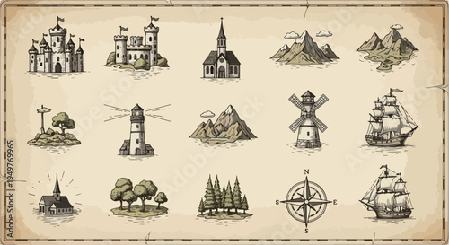 Set of 15 Hand-Drawn Vintage Map Elements Vector Icons