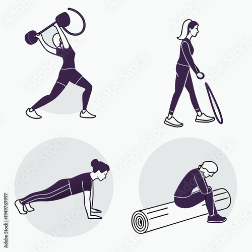 Women exercising with dumbbells and yoga mat exercise fitness