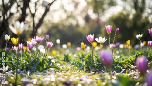 Colorful spring meadow with blooming tulips in sunlit garden.