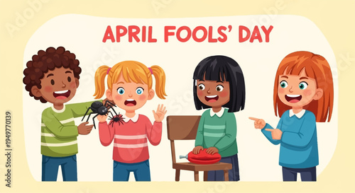 Diverse group of children pranking each other on april fool's day with a fake spider